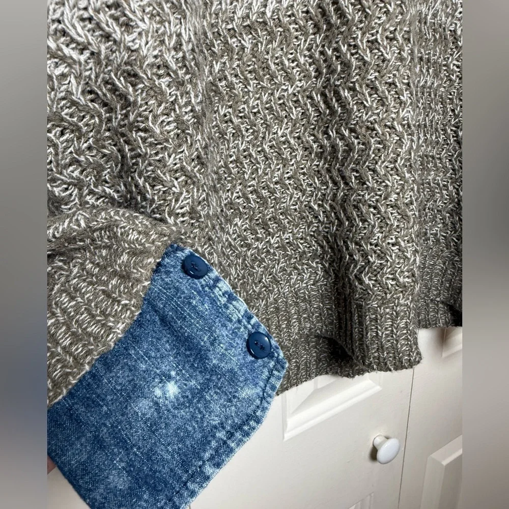 Easel Multi-tone Beige Sweater With Acid Wash Jean Collar Top‎